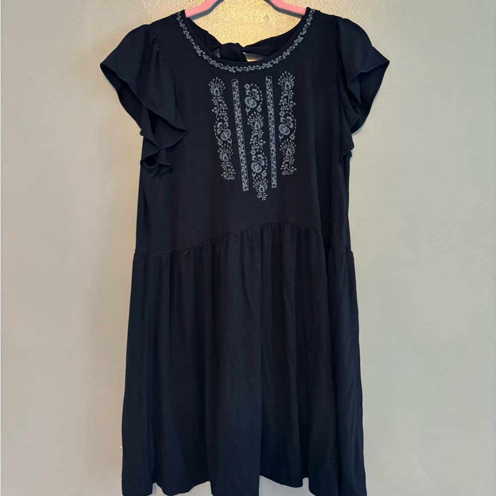 Loft Navy Blue Embroidered Swing Dress
